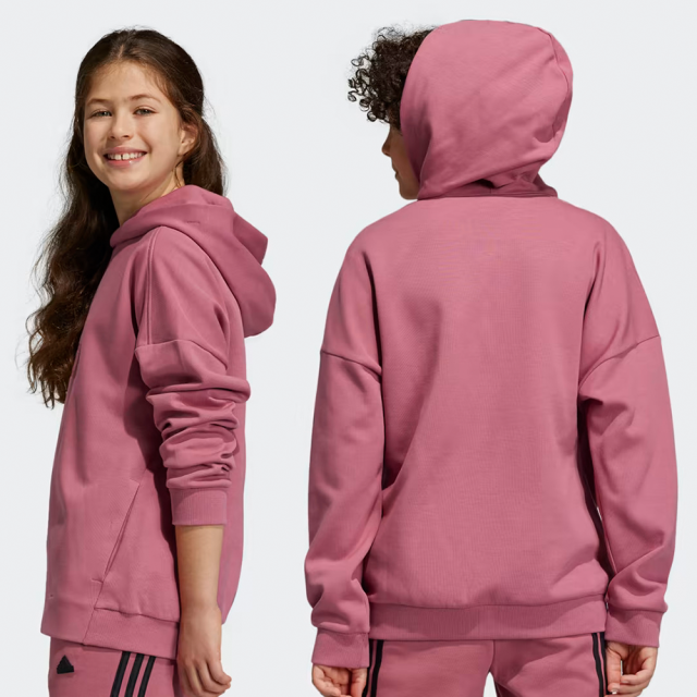 日本  adidas 乾燥玫瑰粉 三線LOGO 大童青年版 運動休閒長袖連帽T恤