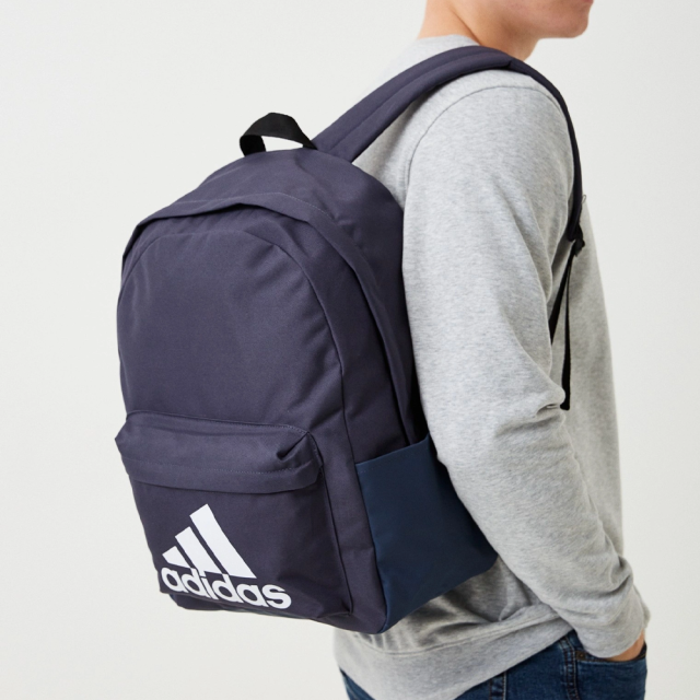 日本 adidas 海軍藍經典三線大LOGO 多夾層大容量運動休閒後背包